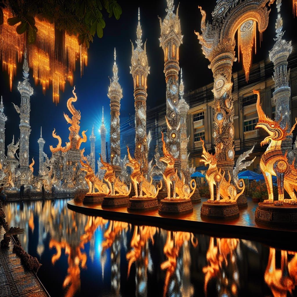 Luminescent Fractal Night Street Scene with Dog Statues