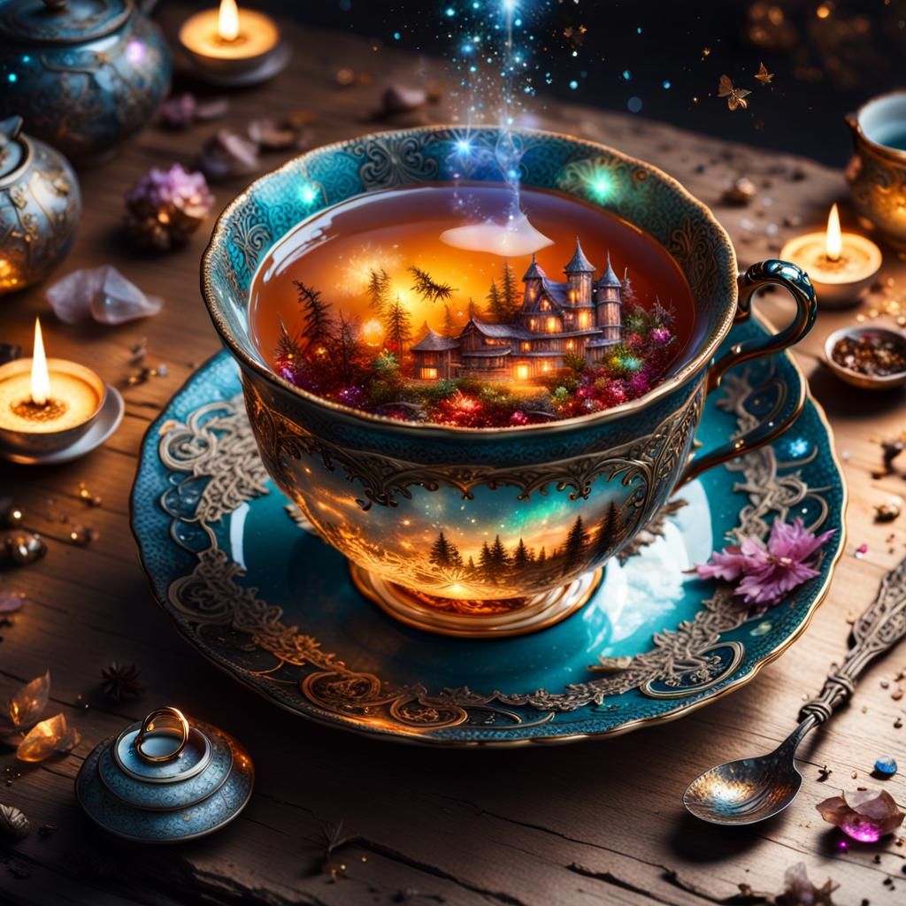 Crystalline Teacup Still Life in Borderland Fantasy Style