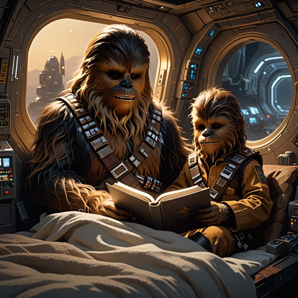 Dark fantasy. Full shot. A dad reads a bedtime story to Chewbacca, nestled in a cozy bed on a spaceship. Soft lighting a...