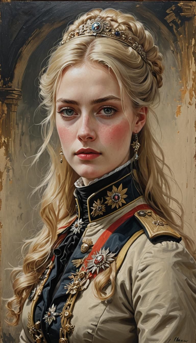 Young Blonde Woman as Prussian General in Oil Painting