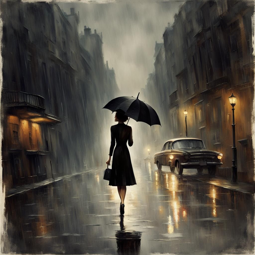 Moody 1960s Woman Walking in Rainy City