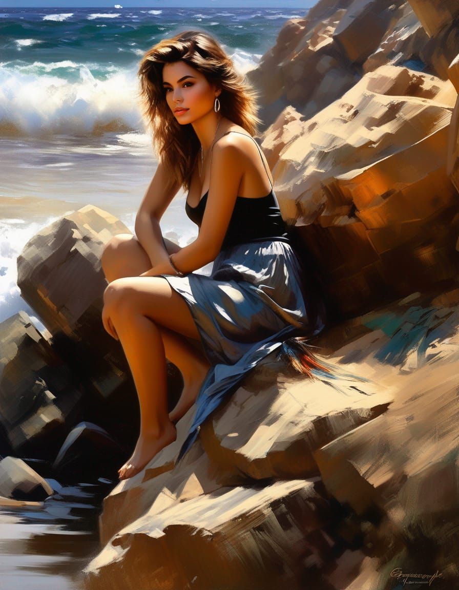 Young Woman on Beach Rocks: A Digital Masterpiece