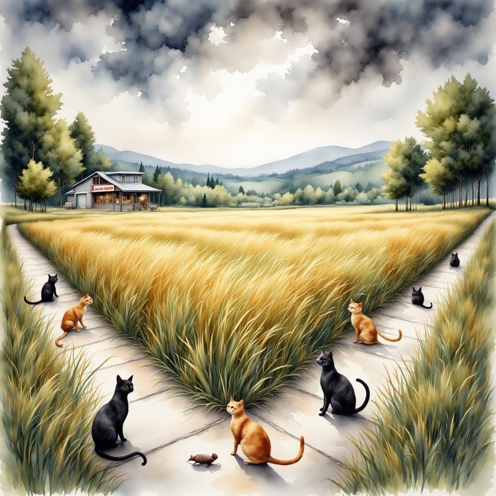 Cats Watch Waving Grass in Ethereal Watercolor Scene