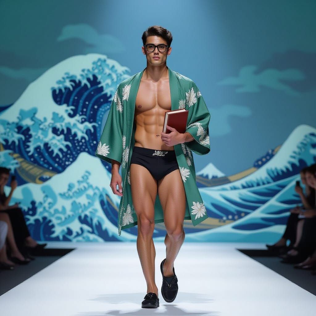 Turkish Man Walks Runway in Kimono, Hyperrealistic Style