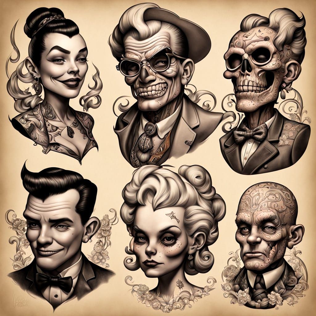 Modern Art Cartoon Character Tattoos in Vintage Style