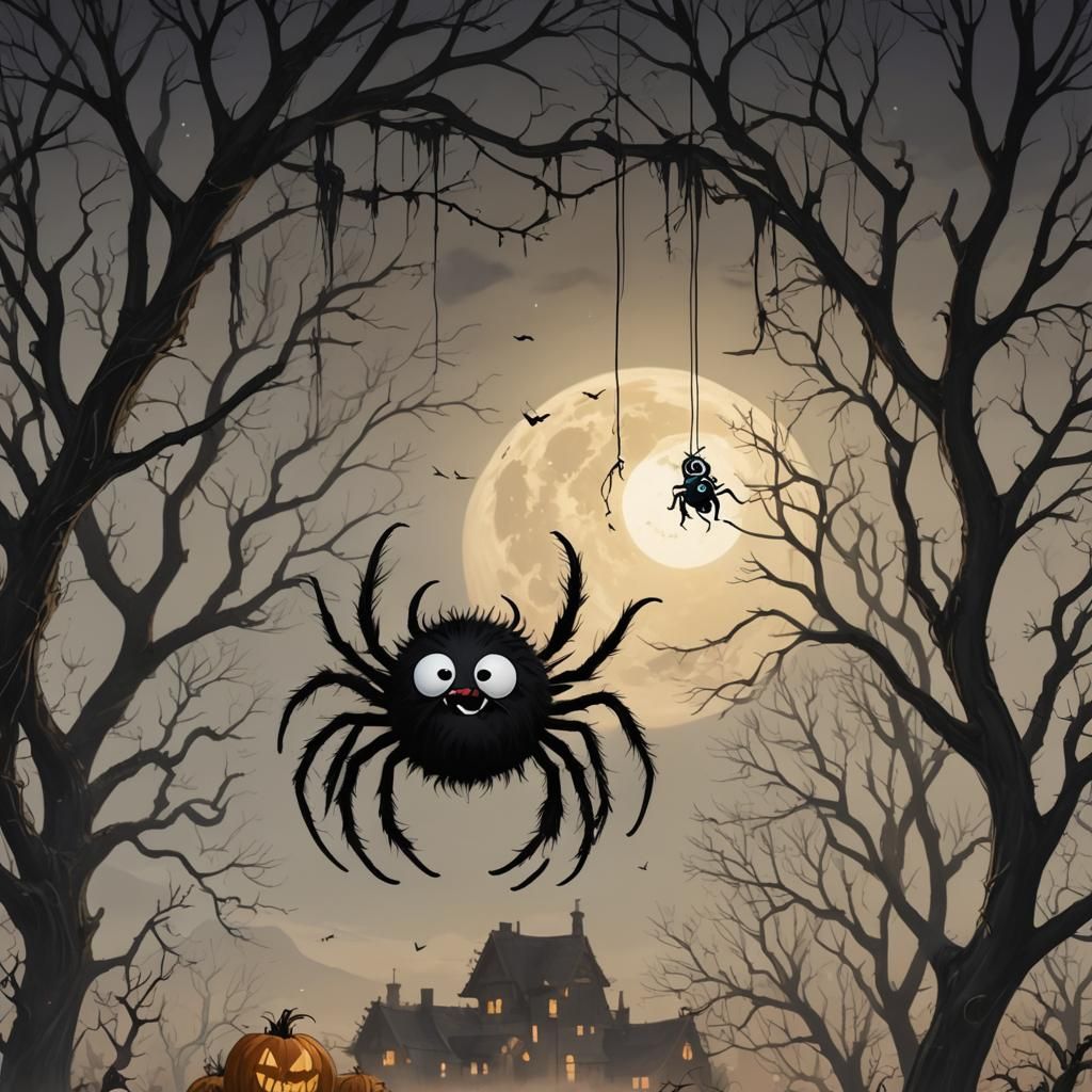 Cute Furry Spider with Googly Eyes on Gossamer Thread