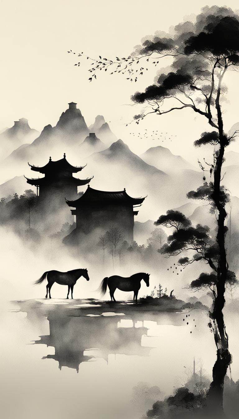 Minimalist Ink Painting of a Horse in Landscape