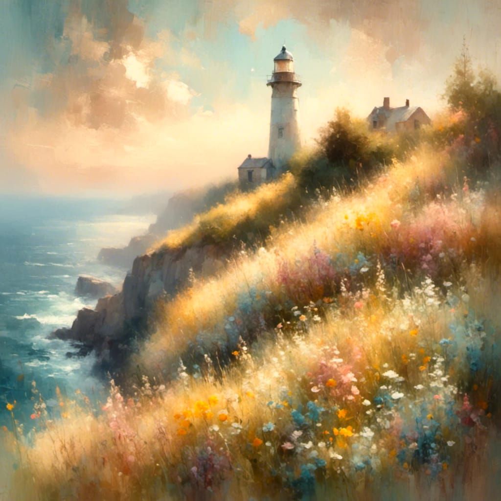 Lighthouse on Cliff in Impressionist Painting Style