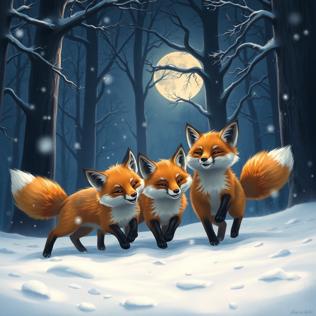 Whimsical Foxes Frolic Under the Moonlit Snow