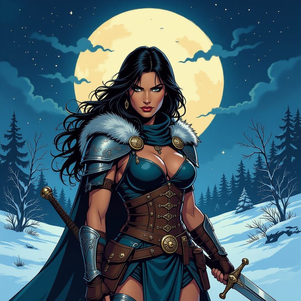 Female Warrior in Moonlit Winter Landscape