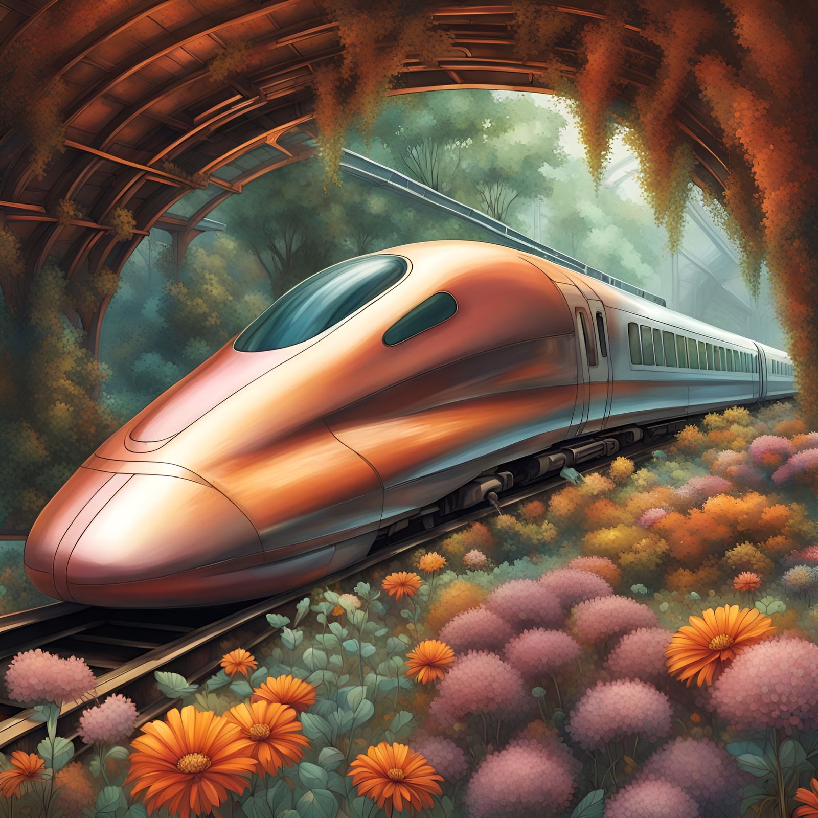 Translucent Biomechanical Train in Floral Vegetation