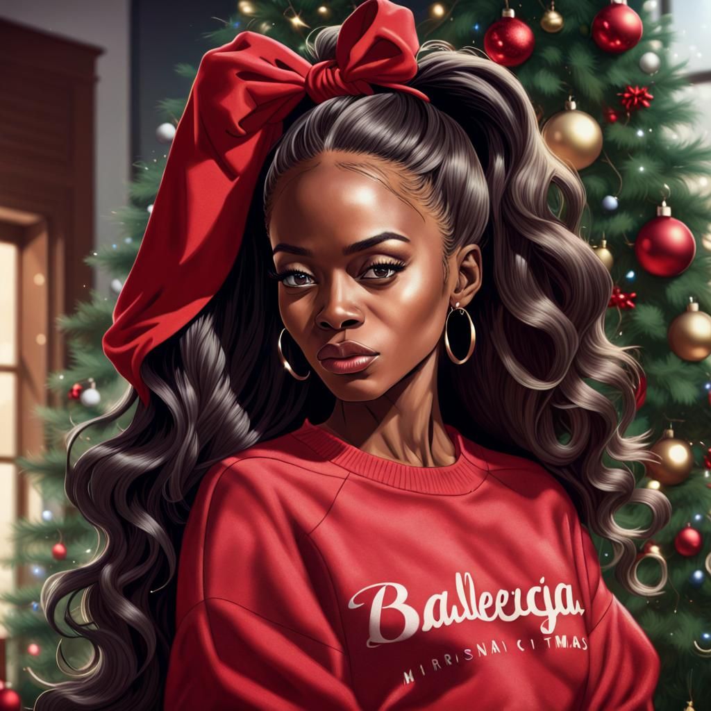 Hyperrealistic Portrait of Woman with Christmas Tree