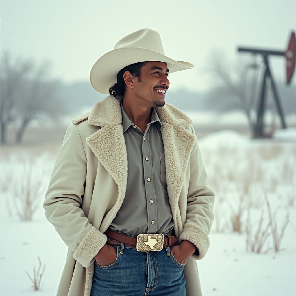 Warm-Chested Rancher in Texas Winter Landscape
