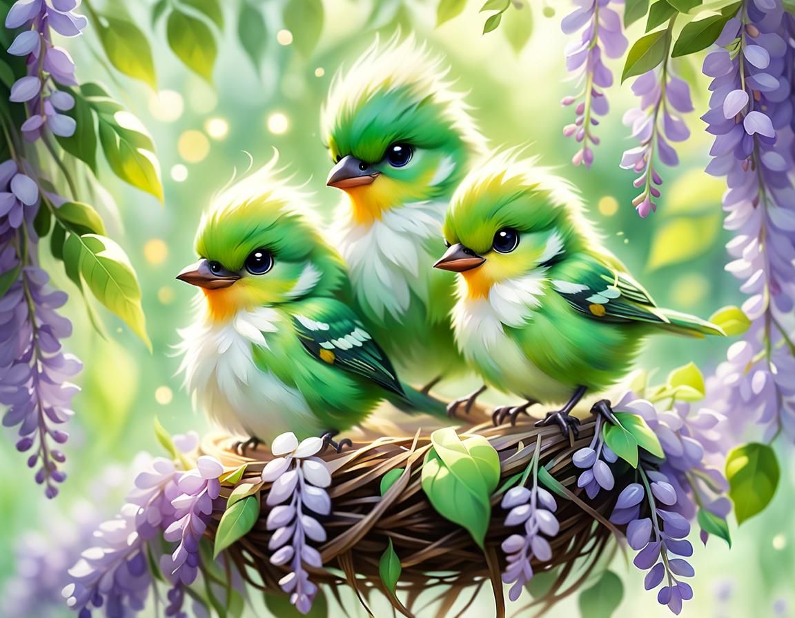 Fluffy Chibi Birds Portrait in Aquarelle Style