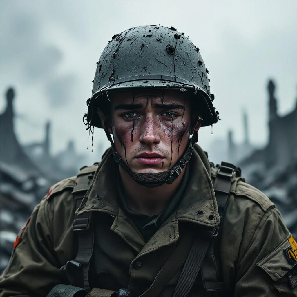 War-Torn Soldier's Tears: Gritty Battlefield Portrait