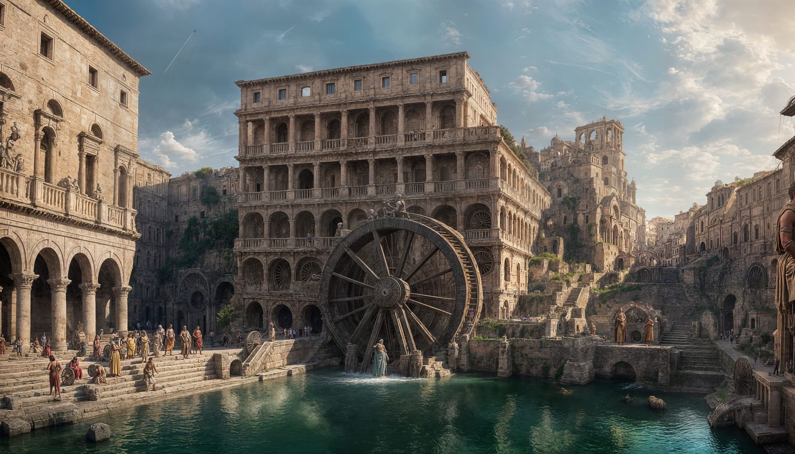 Ancient Roman City Scene with Hyper Realistic Water Wheel