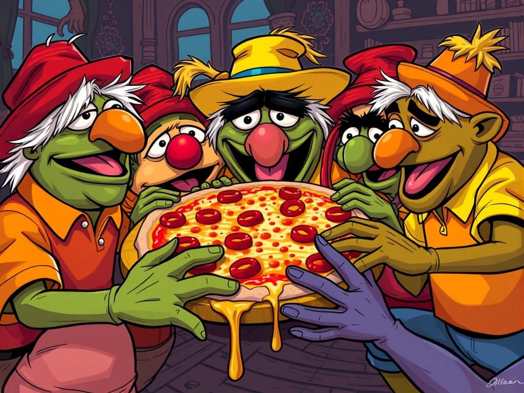 Goofy Muppets Devouring Pizza in Jim Henson Style