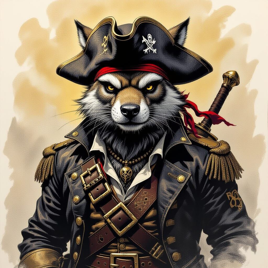 Animal Pirates in Charcoal Drawing with Gold Accents