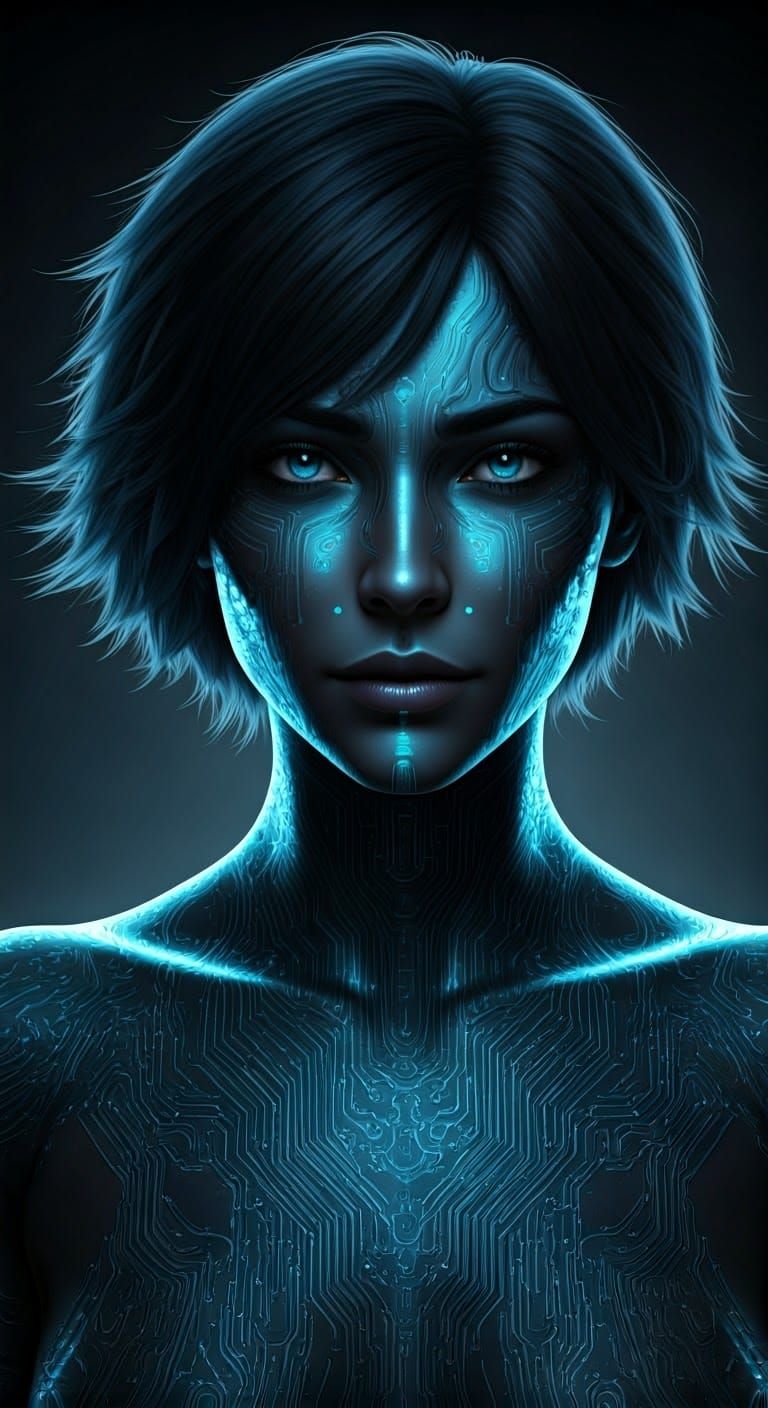 Futuristic Cyborg Woman with Glowing Circuits in Anime Style