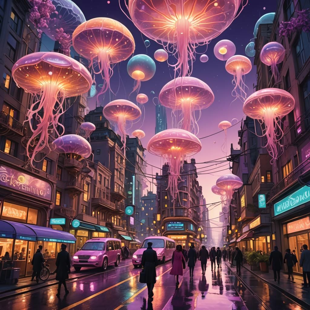 Futuristic Art Nouveau Cityscape with Bioluminescent Accents