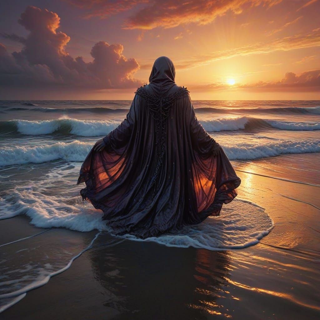 Surreal Figure Stands on Boundless Ocean as Sunset Unfolds
