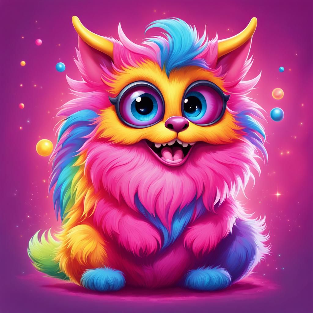 Cartoon Monster on a Cloud with Rainbow Background