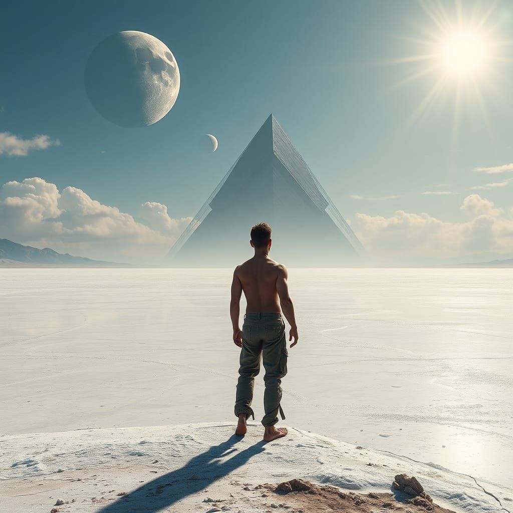 Surreal Wanderer on Alien Salt Flat in Beksinski Style
