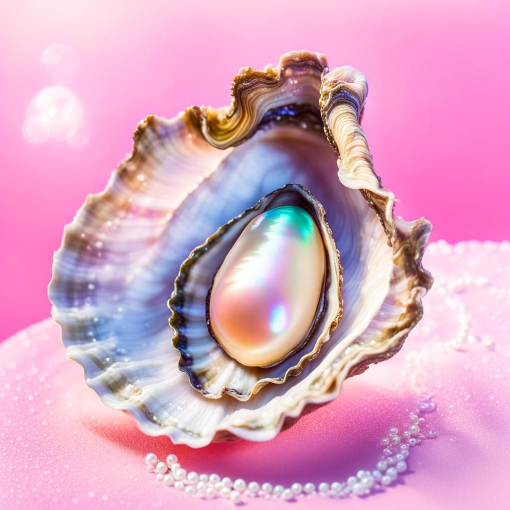 Iridescent Oyster with Sparkling Pearl in Pink Light