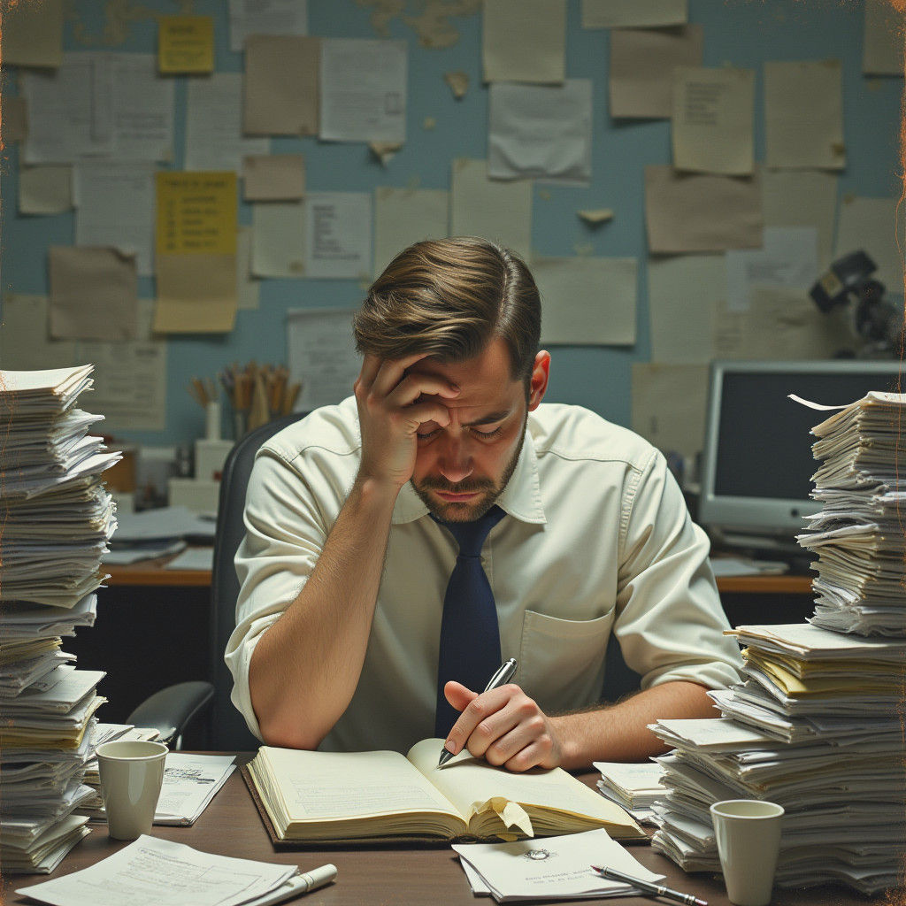Overwhelmed Man at Cluttered Desk: Cinematic Realism