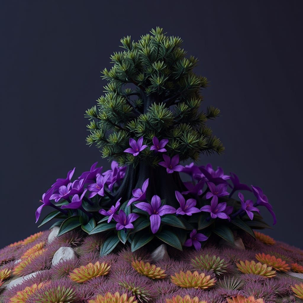 Surreal Primrose Blooms Around Juniper Tree in Deep Fantasy ...