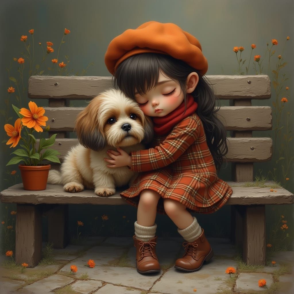 Girl Hugs Fluffy Dog on Wooden Bench