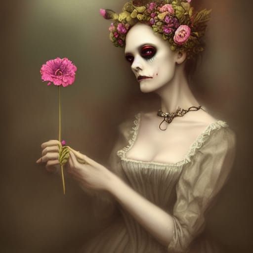 Haunted Victorian Woman with Flower, Detailed Matte Painting