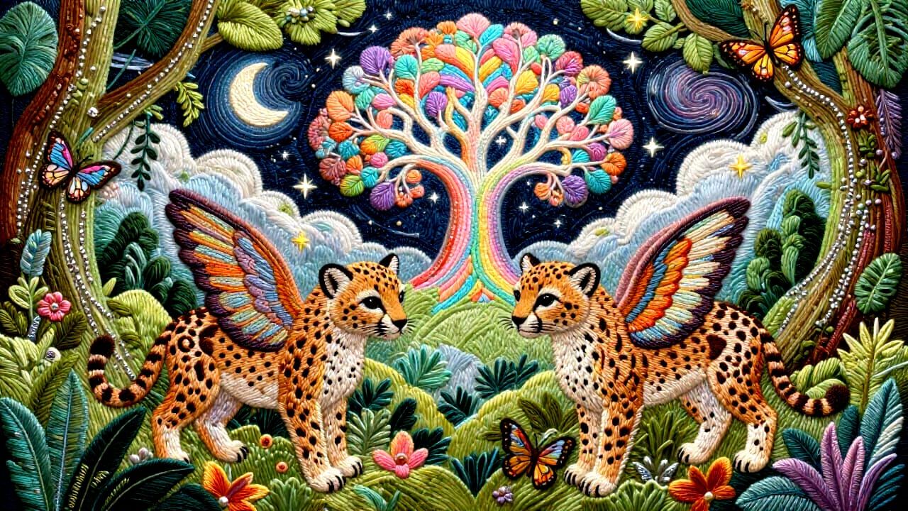 Winged Cheetah Cubs and Butterflies in a Dreamy Jungle