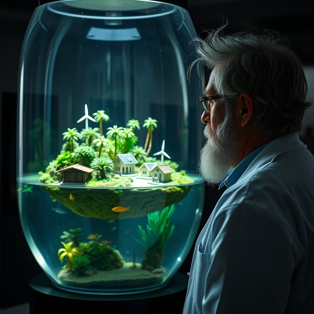 Old Man Marvels at Eco-Village Model in Glass Cylinder