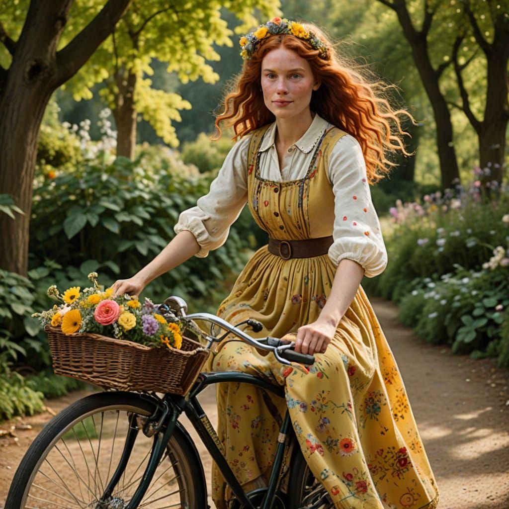 Free-Spirited Hippie Woman Pedals Vintage Bicycle in Floral ...