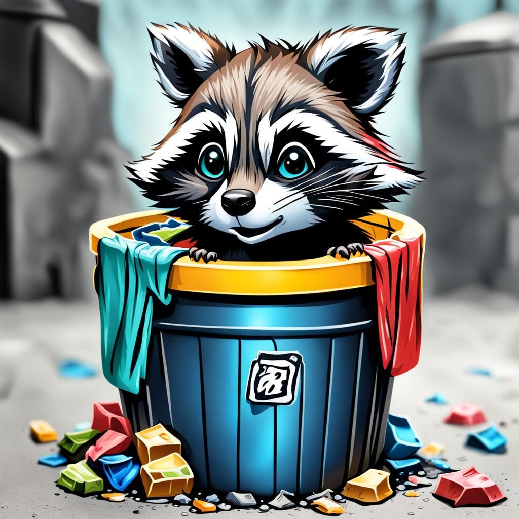 Chibi Raccoon in Trash Can: Airbrush Art