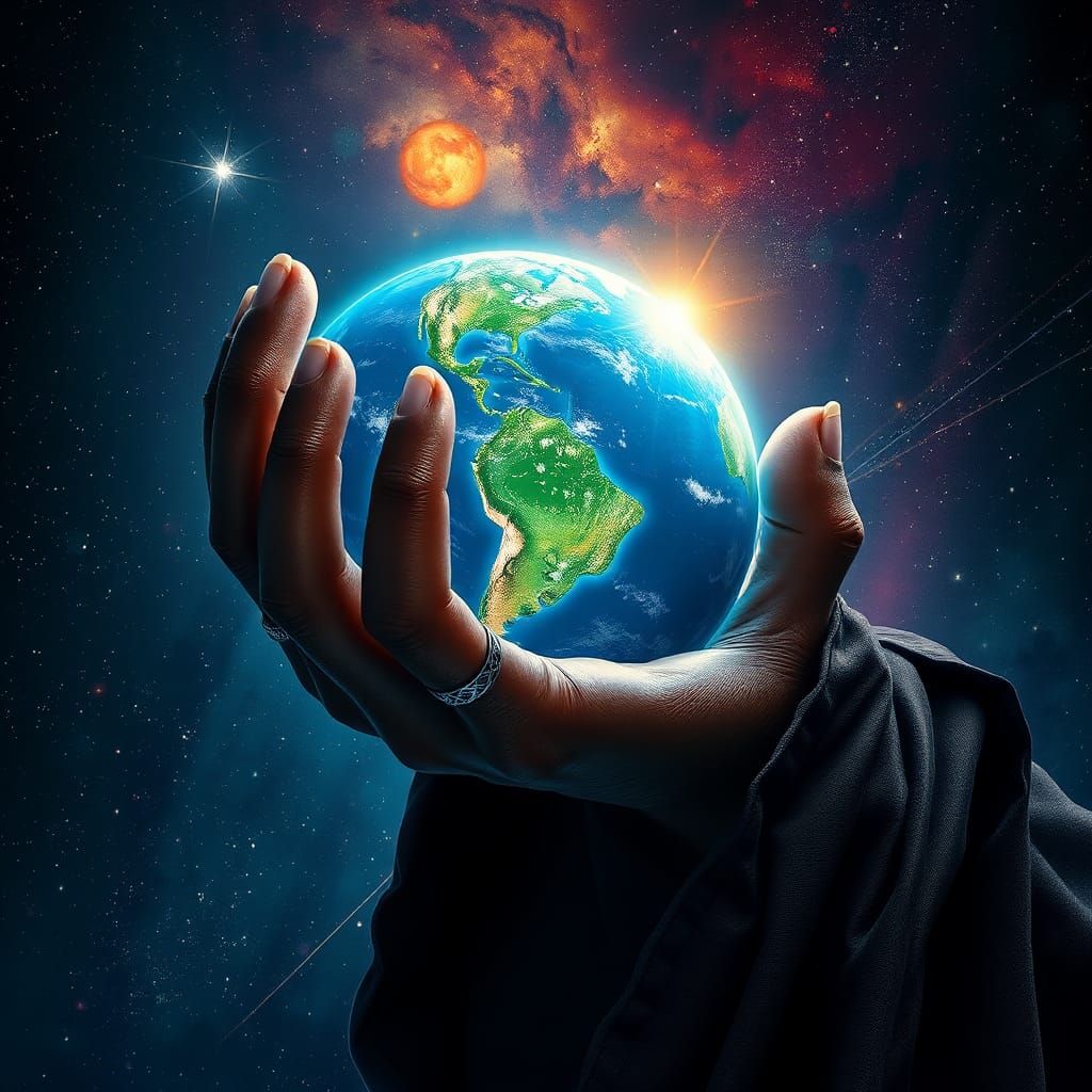 Dark Hand Cradling Earth in Starry Expanse