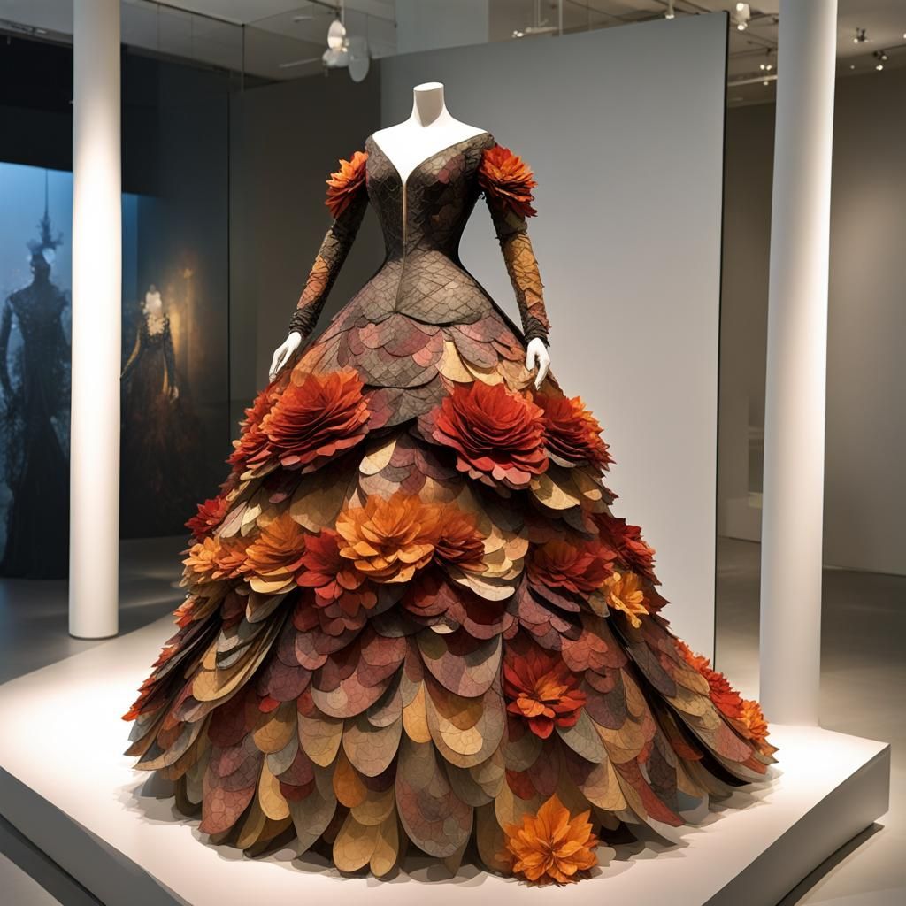 Layered Petal Paper Collage Ballgown on a Display Mannequin, Autumn Color Palette, V Neck, Long Sleeve, Intricately Text...