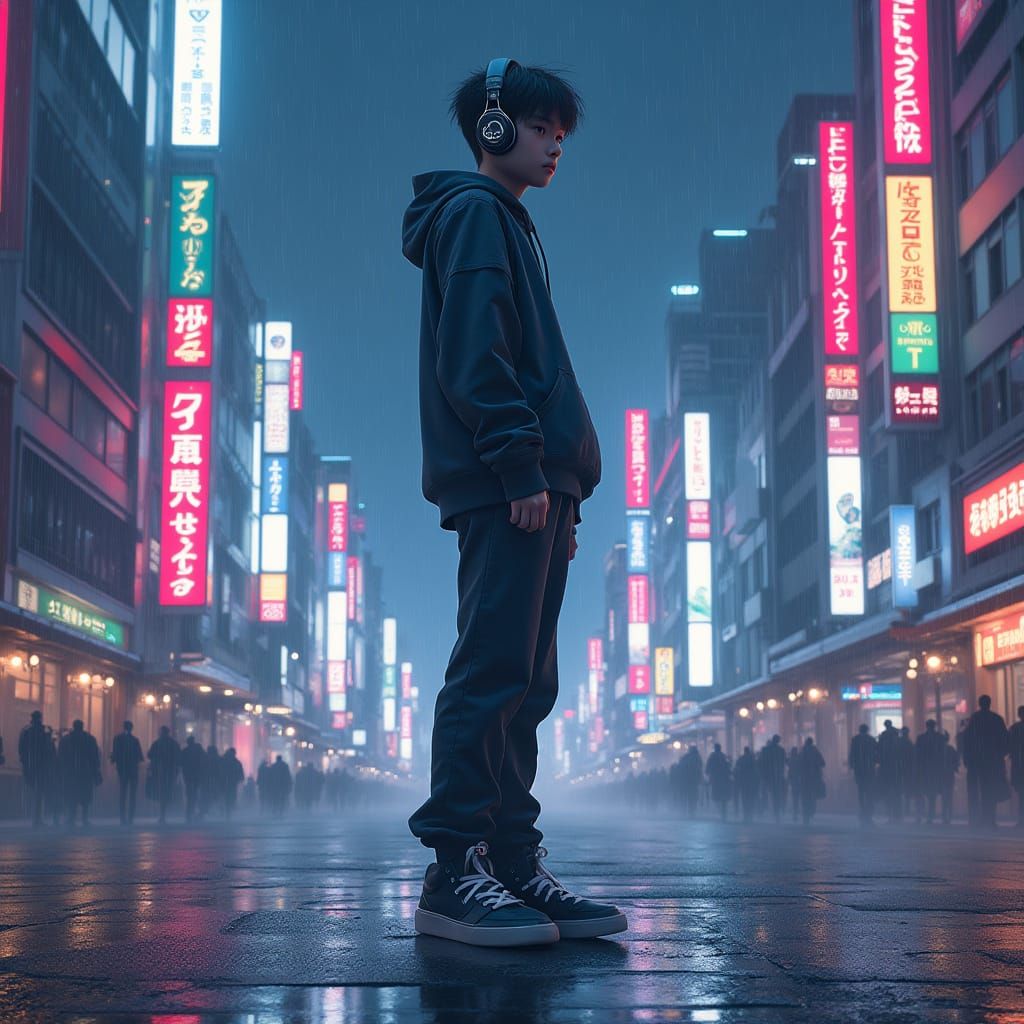 Teenage Boy Stands Alone in Futuristic Tokyo Cityscape at Ni...
