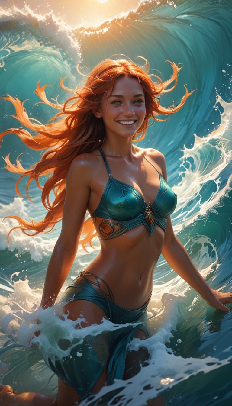 Vibrant Hyperrealistic Surfer in Mid Catch