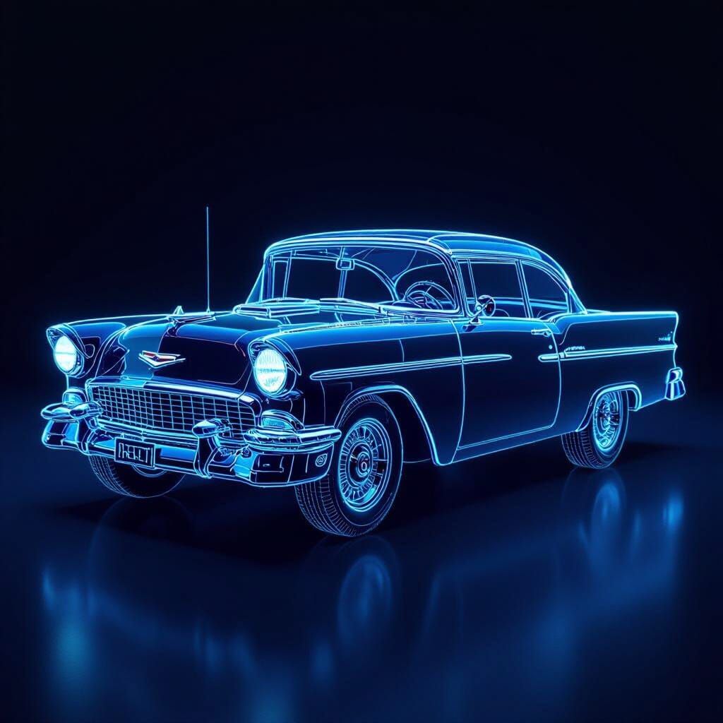 Classic Chevy as Blue Wireframe Model in Cyberpunk Style