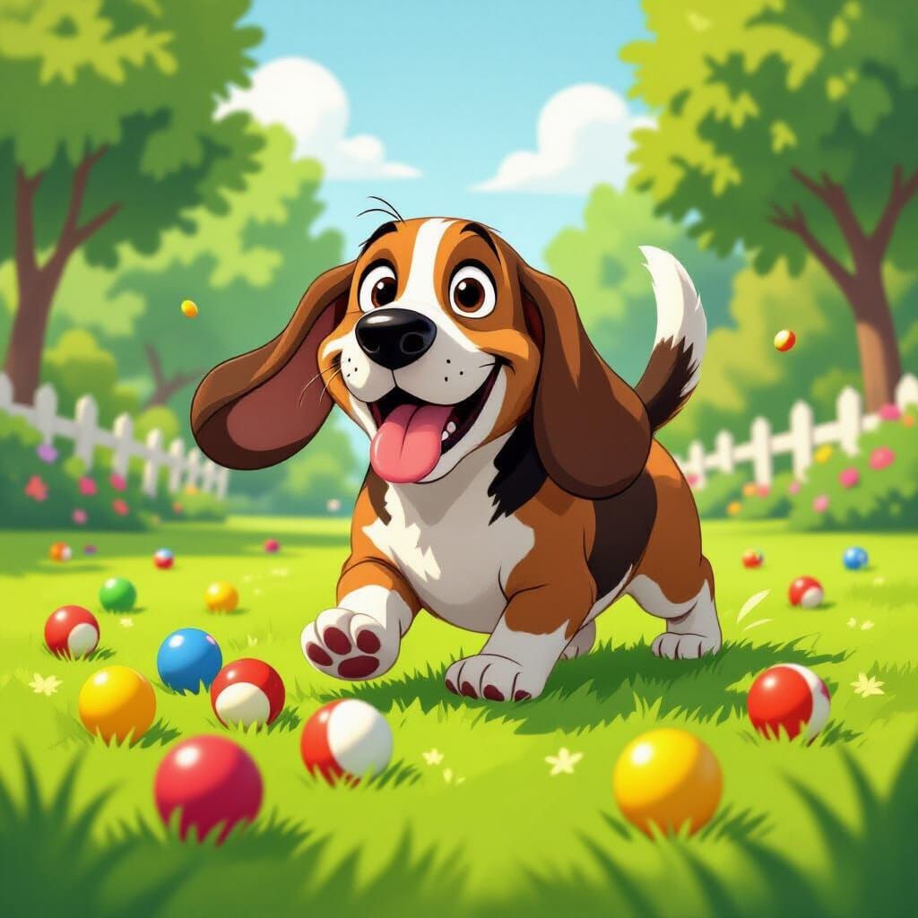 Playful Basset Hound Chasing Bouncing Balls in Cartoon Style