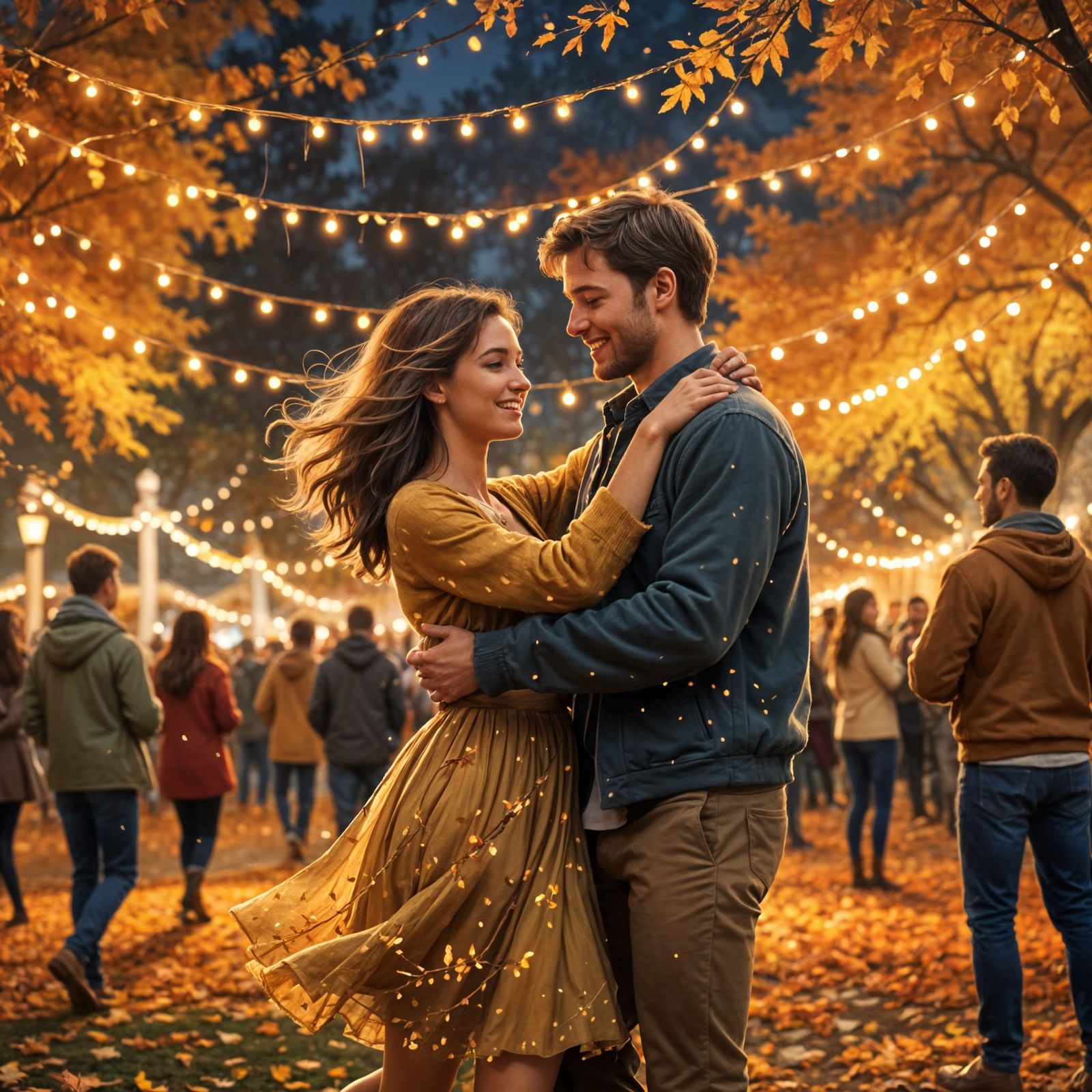 Couple Enjoys Autumn Folk Festival at Night
