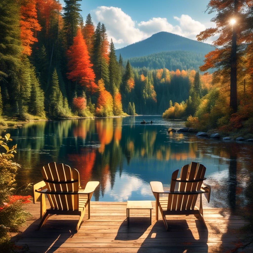 Adirondack chairs on a deck facing a quiet lake surrounded b...