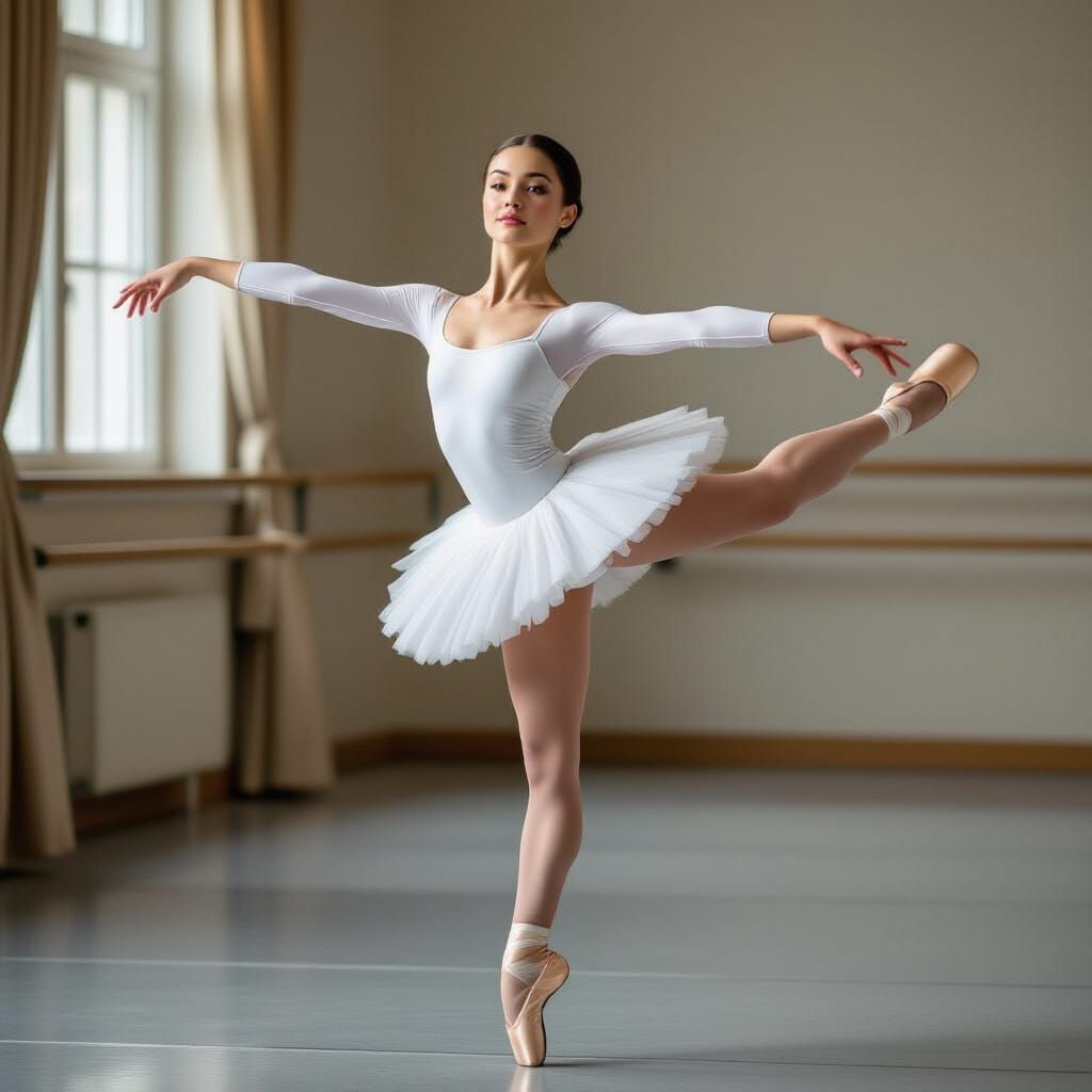Ballet Dancer's Perfect Arabesque in Classical Studio