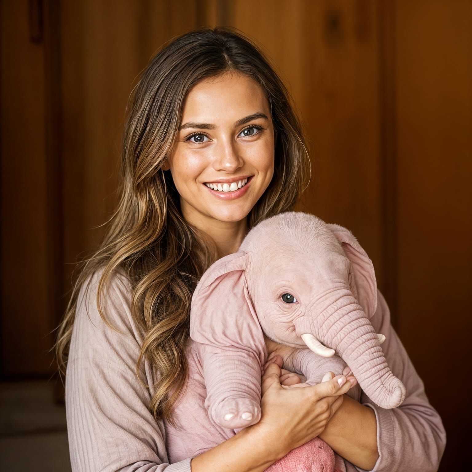Woman Holding a Pink Baby Elephant