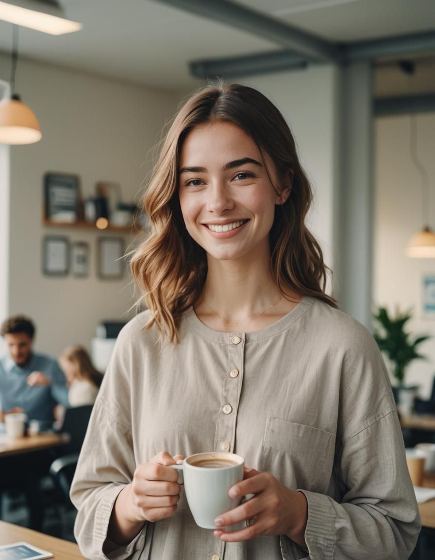 Young Woman Smiling with Coffee in Sunlit Office