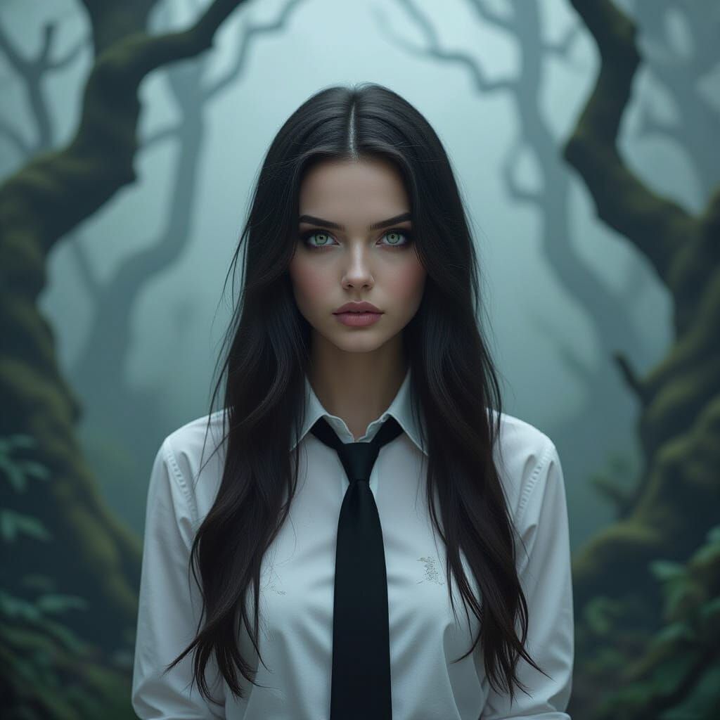 Gothic Forest Scene: Young Woman in Misty Woods