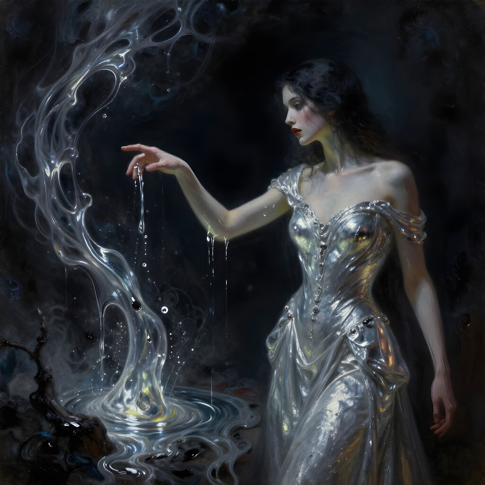 Dark Fantasy Oil Painting of Woman Touched by Liquid Metal