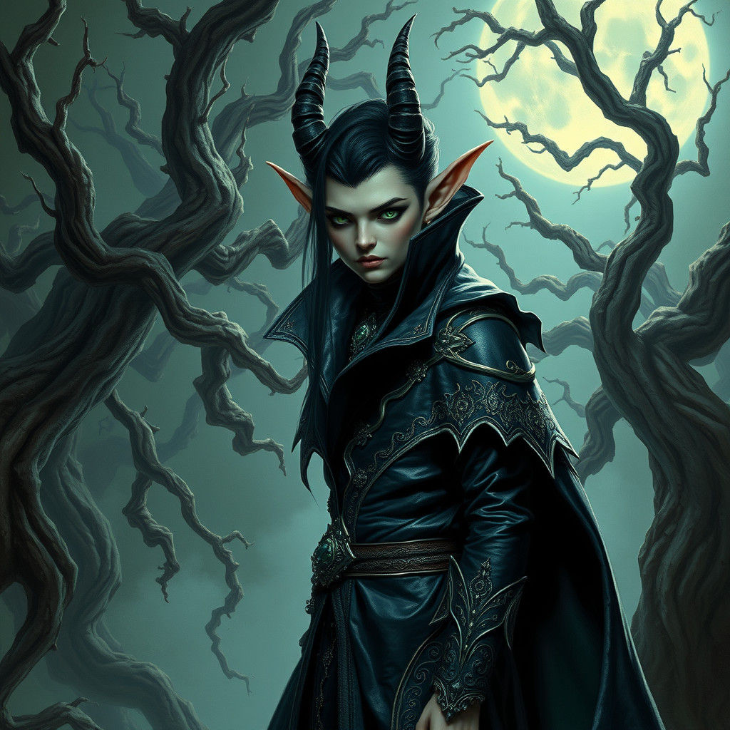 Mystical Demon Elf in Moonlit Forest